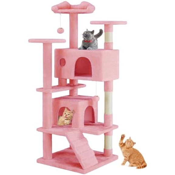 54 Inch Cat Tree Tower, Multi-Level with Cat Scratching Post, Indoor Cat Condo with Climbing Ladder, Plush Toy, Play House for Cat, Pink