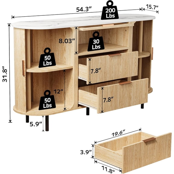 54 Inch Fluted Sideboard Buffet Cabinet with Storage, Mid Coffee Bar with LED Light & Slide Doors, Modern Storage Cabinet for Kitchen Living Room Faux White Marble Top Oak