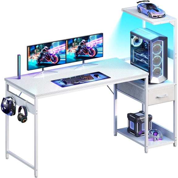 54 Inch Gaming Desk with Storage & LED Lights, Reversible Computer Desk with Display Shelves & Fabric Drawer, Modern Gamer Desk Table with Side Headphone Hook, Carbon Fiber White