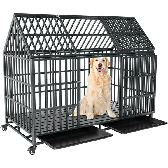 54 Inch Heavy Duty Dog Crate Extra Large Dog Cage Kennel, Indestructible XXL Dog Crate with Open Roof Top, Trays and Wheels, Escape-Proof for High Anxiety Giant Dogs