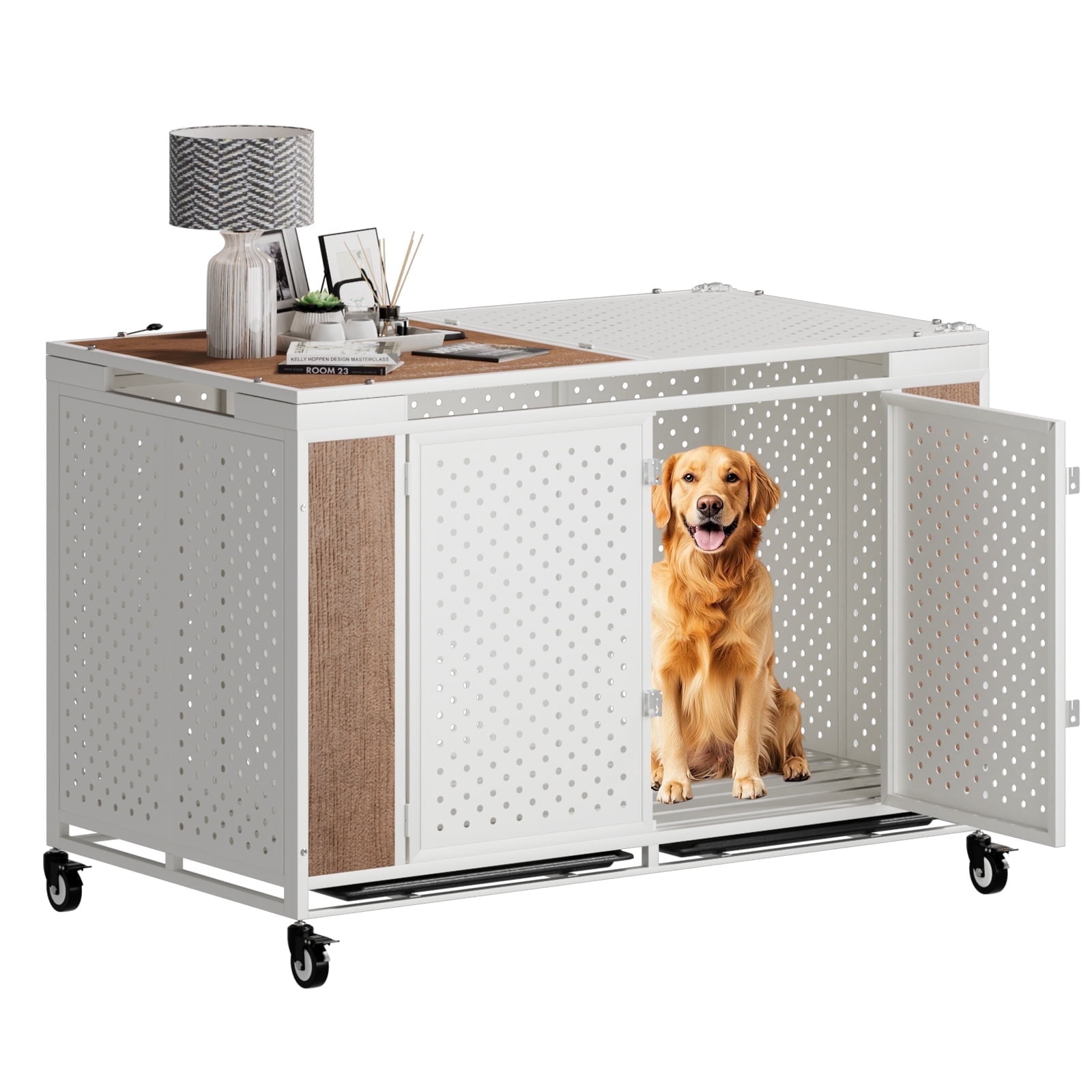 Snuowu  54 Inch Heavy Duty Dog Crate Furniture with Wheels,Indestructible Metal Dog Cage for Large and Medium Dogs, Extra Large XL XXL Dog Crate with Removable Tray.
