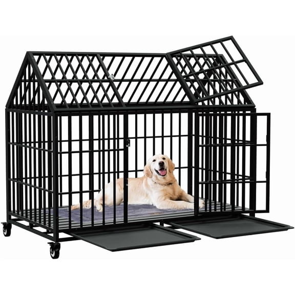 54 Inch Heavy Duty Dog Crate Large Dog cage Strong Metal Dog Kennels and Crates for Large Dogs Top Open with Wheels 2 Removable Trays