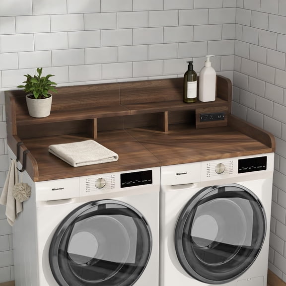 54 Inch Large Laundry Countertop for Washer and Dryer with Power Outlet, 2-Tier Folding Table with Storage Basket and Hooks, Waterproof MDF Walnut Topper for Over Washer Dryer