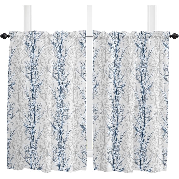 54 Inch Long Tier Curtains for Kitchen, Navy Blue Grey Tree Branch Bathroom Window Curtains Rod Pocket Short Curtains Window Treatment Tiers for Living Room Farmhouse 2 Panels
