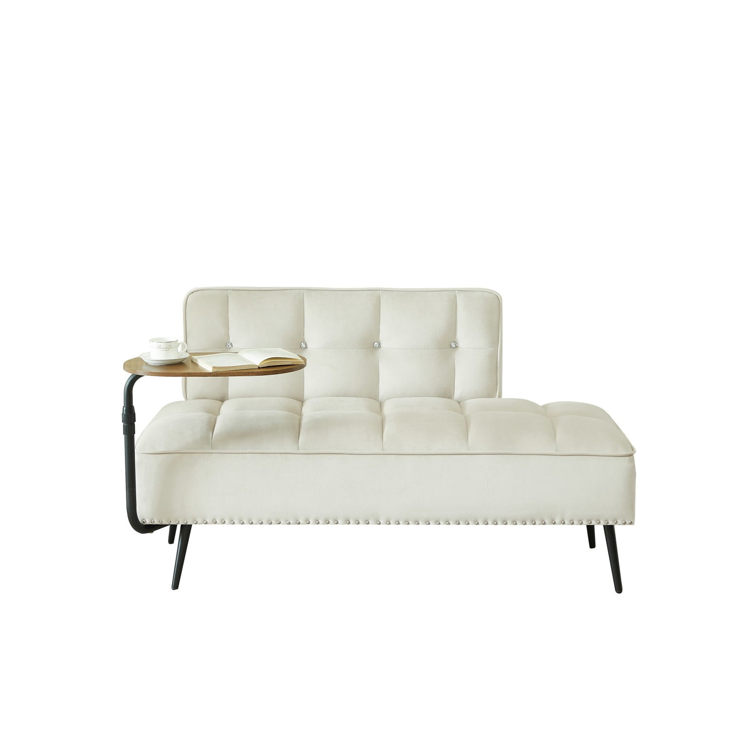 54-Inch Modern 2 Seater Velvet Sofa with 360 Rotating Side Table, Upholstered Couch with Nailhead Trim for Living Room Bedroom Apartment, Beige