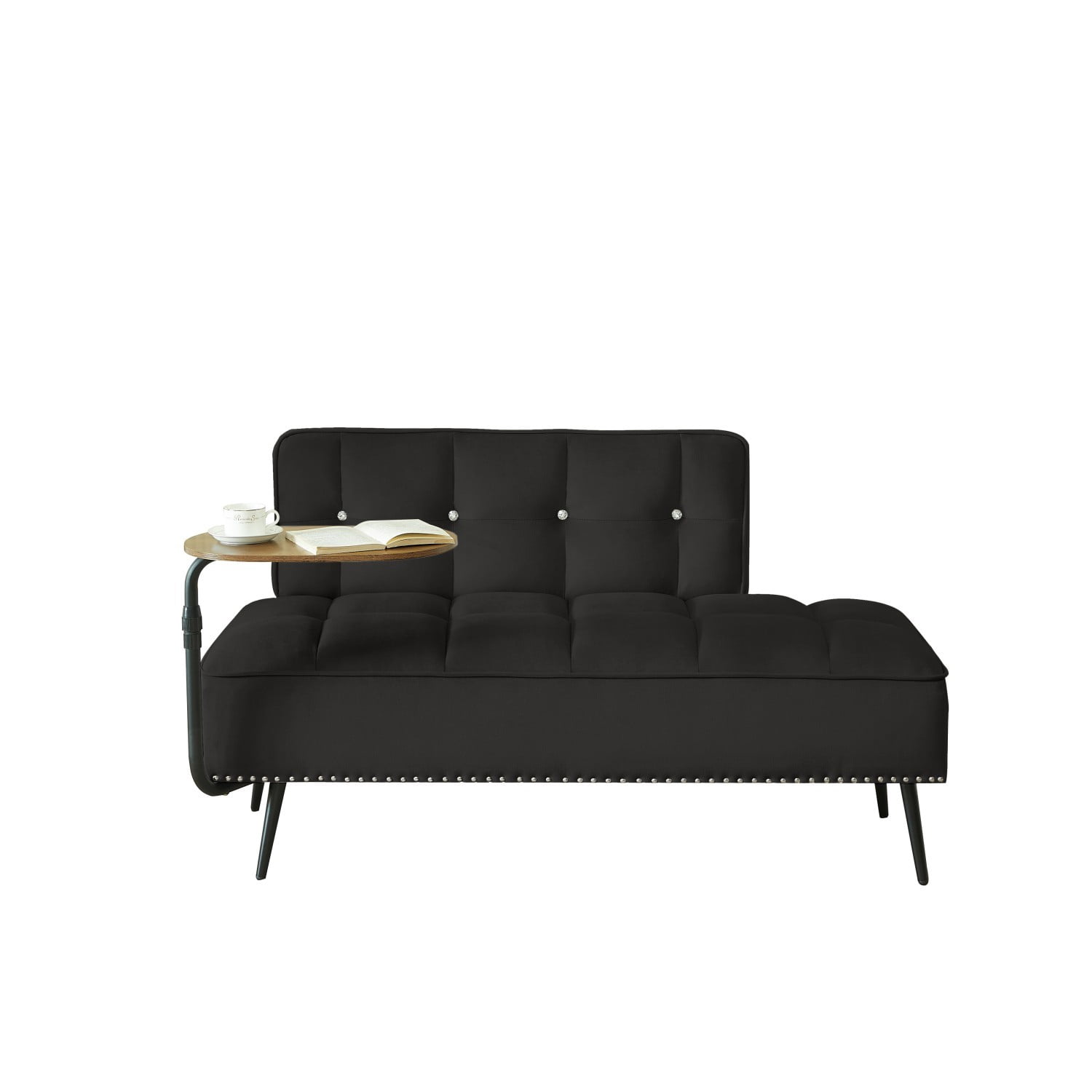 54-Inch Modern 2 Seater Velvet Sofa with 360 Rotating Side Table, Upholstered Couch with Nailhead Trim for Living Room Bedroom Apartment, Black