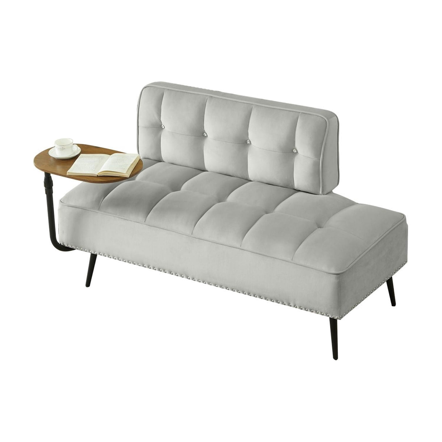54-Inch Modern 2 Seater Velvet Sofa with 360 Rotating Side Table, Upholstered Couch with Nailhead Trim for Living Room Bedroom Apartment, Gray