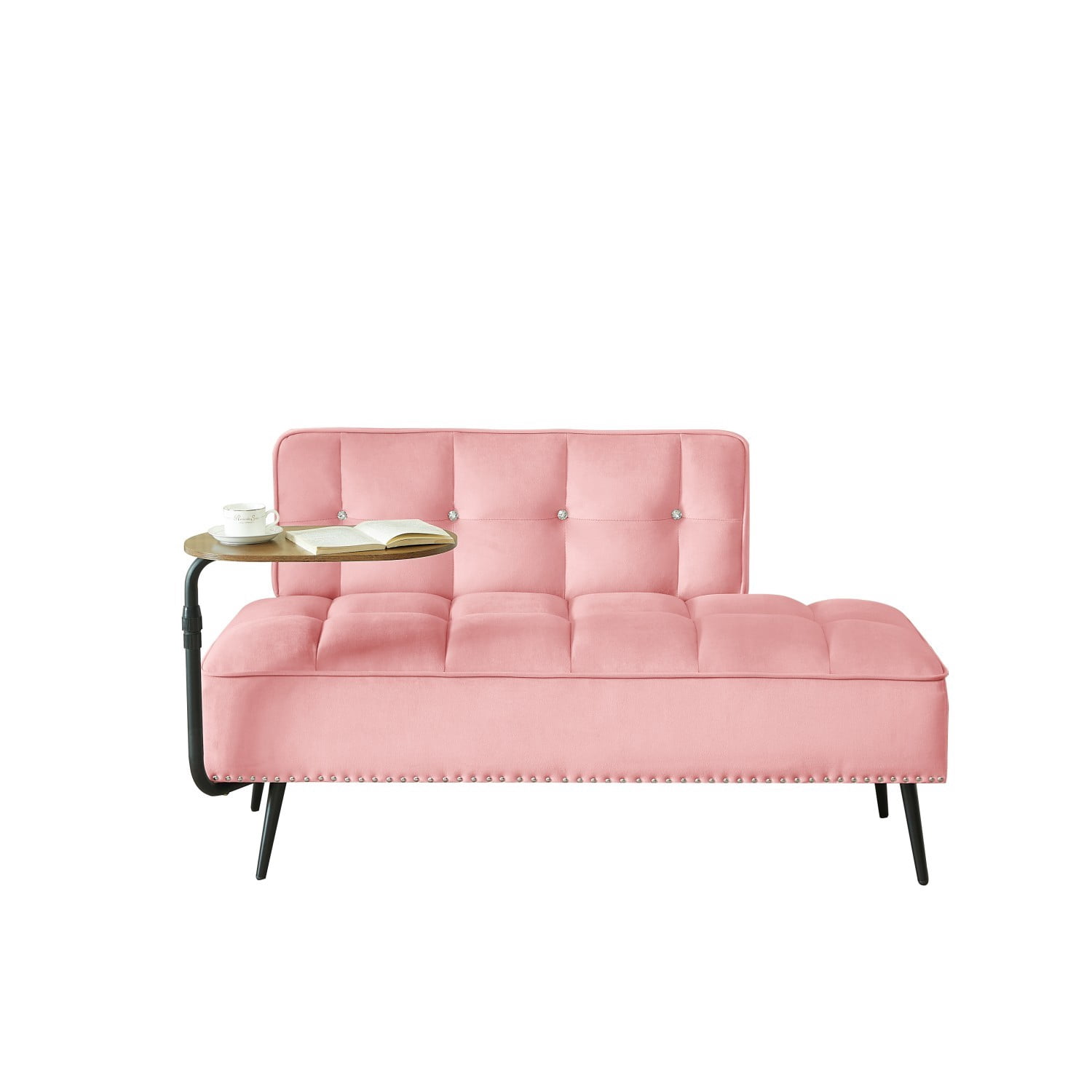 54-Inch Modern 2 Seater Velvet Sofa with 360 Rotating Side Table, Upholstered Couch with Nailhead Trim for Living Room Bedroom Apartment, Pink