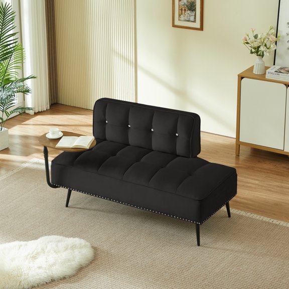 54-Inch Modern Two-Seater Velvet Sofa with 360° Rotating Side Table Bench and Ottoman Black Upholstered Plush Cushion Space-Saving Furniture for Living Room Bedroom Apartment