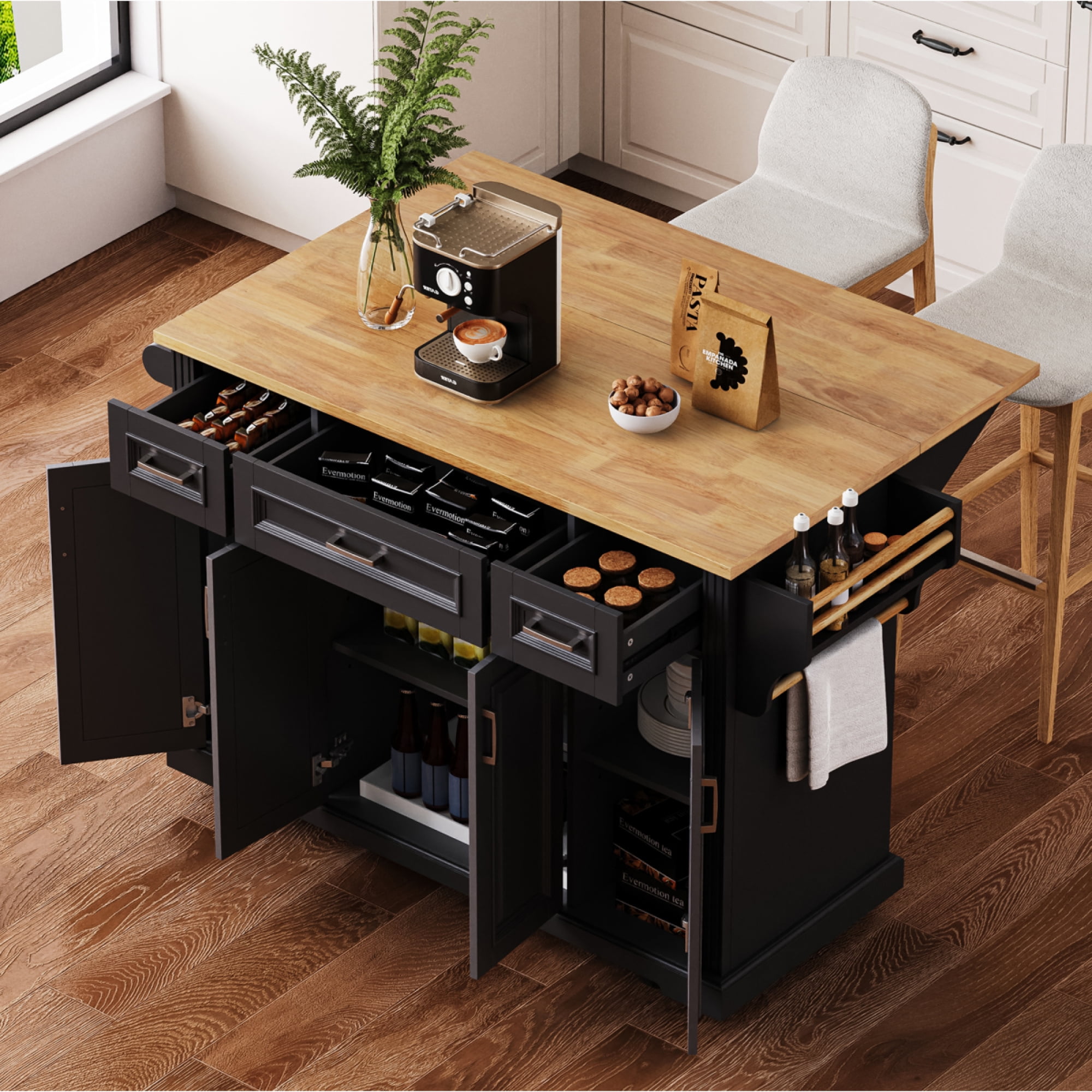 54 Inch Rolling Kitchen Island Cart - Rubber Wood Drop Leaf, Embossed Texture, 4 Doors 3 Drawers Storage for Kitchen Dining,Black