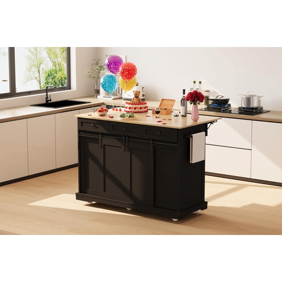 54 Inch Rolling Kitchen Island with Power Outlet, Drop Leaf Countertop, Sliding Barn Doors, Drawers and Trash Cabinet for Kitchen Dining and Living Room - Black