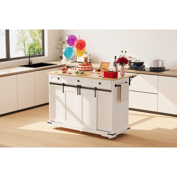54 Inch Rolling Kitchen Island with Power Outlet, Drop Leaf Countertop, Sliding Barn Doors, Drawers and Trash Cabinet for Kitchen Dining and Living Room - White