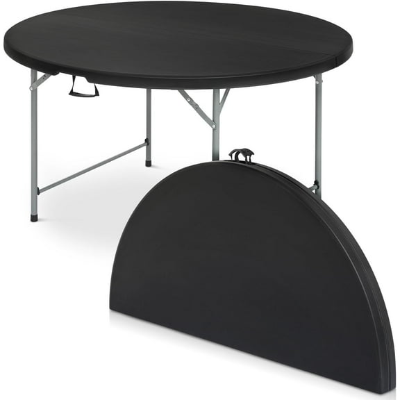 54 Inch Round Folding Table with Carry Handle, Portable Heavy Duty Plastic Utility Table with Steel Legs for Party, Wedding, Camping, Indoor, Outdoor Event, Black