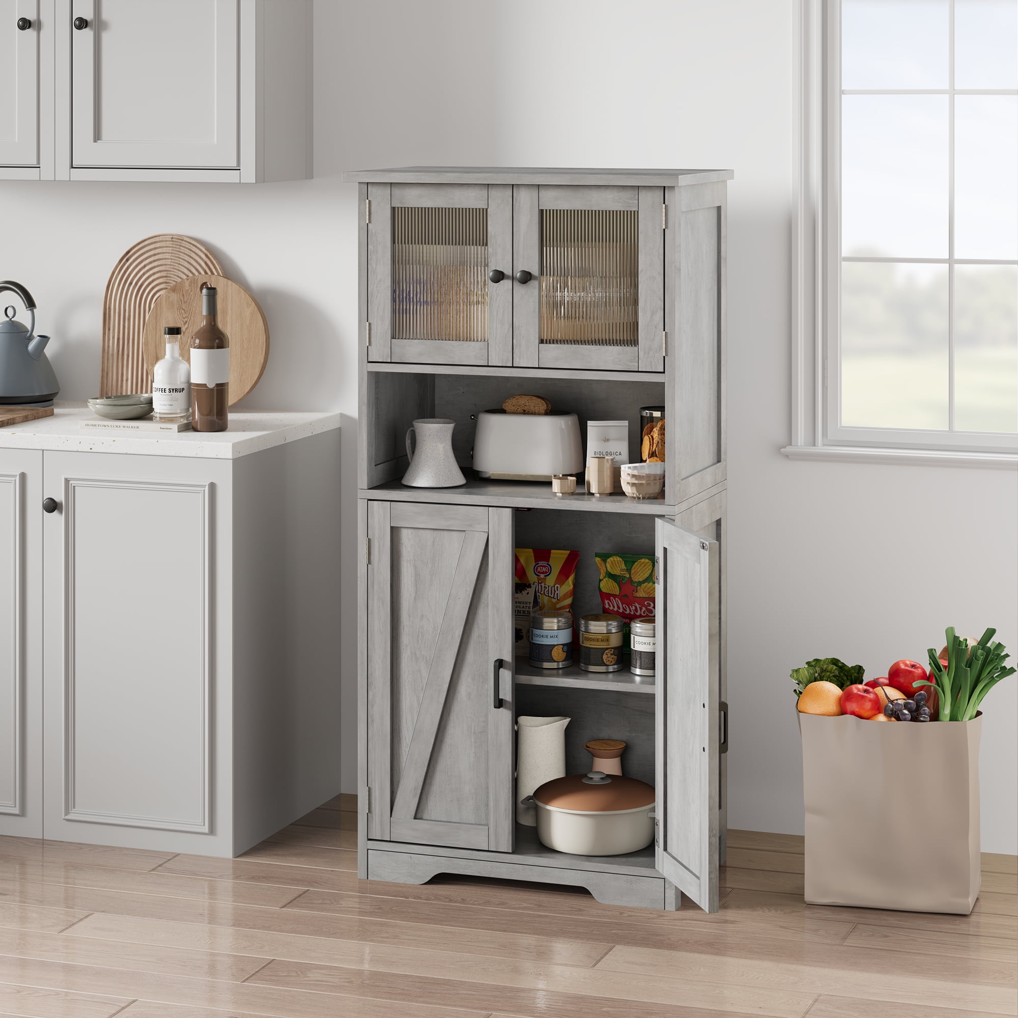 54-Inch Tall Storage Cabinet Hutch Bar Cabinet with Glass Doors and Adjustable Shelves, Wooden Kitchen Pantry Storage Cabinet for Living Room and Dining Area