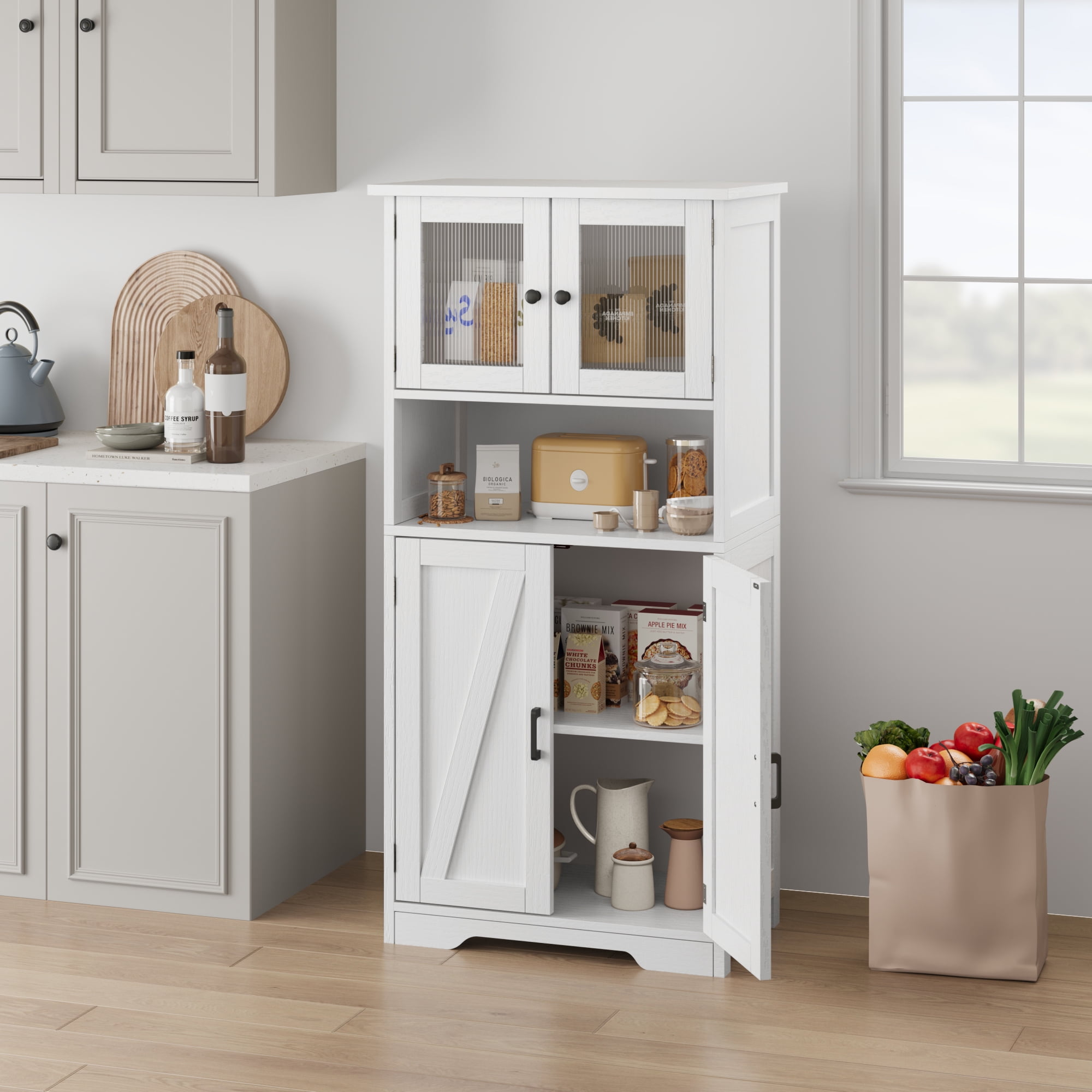 54-Inch Tall Storage Cabinet Hutch Bar Cabinet with Glass Doors and Adjustable Shelves, Wooden Kitchen Pantry Storage Cabinet for Living Room and Dining Area
