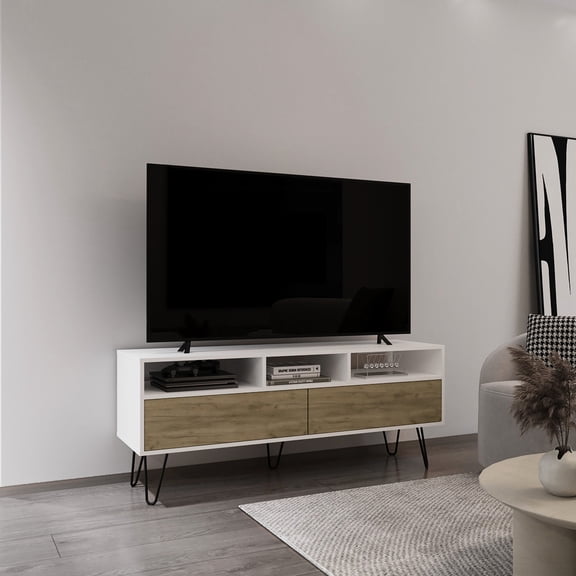 54-Inch Two-Door TV Stand | Organize Décor in Primary Living Space | Modern Design, White & Natural Oak | Conceal Items with Pull-Down Doors