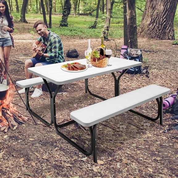 54 Inch White HDPE Outdoor Picnic Table Bench Set with Metal Base for 4 People