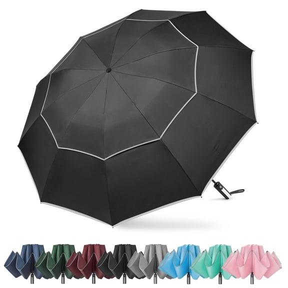 54 Inch Windproof Inverted Umbrella with Reflective Stripe Large Compact Reverse Design 10 Ribs Double Canopy Travel Automatic Open Close Umbrella
