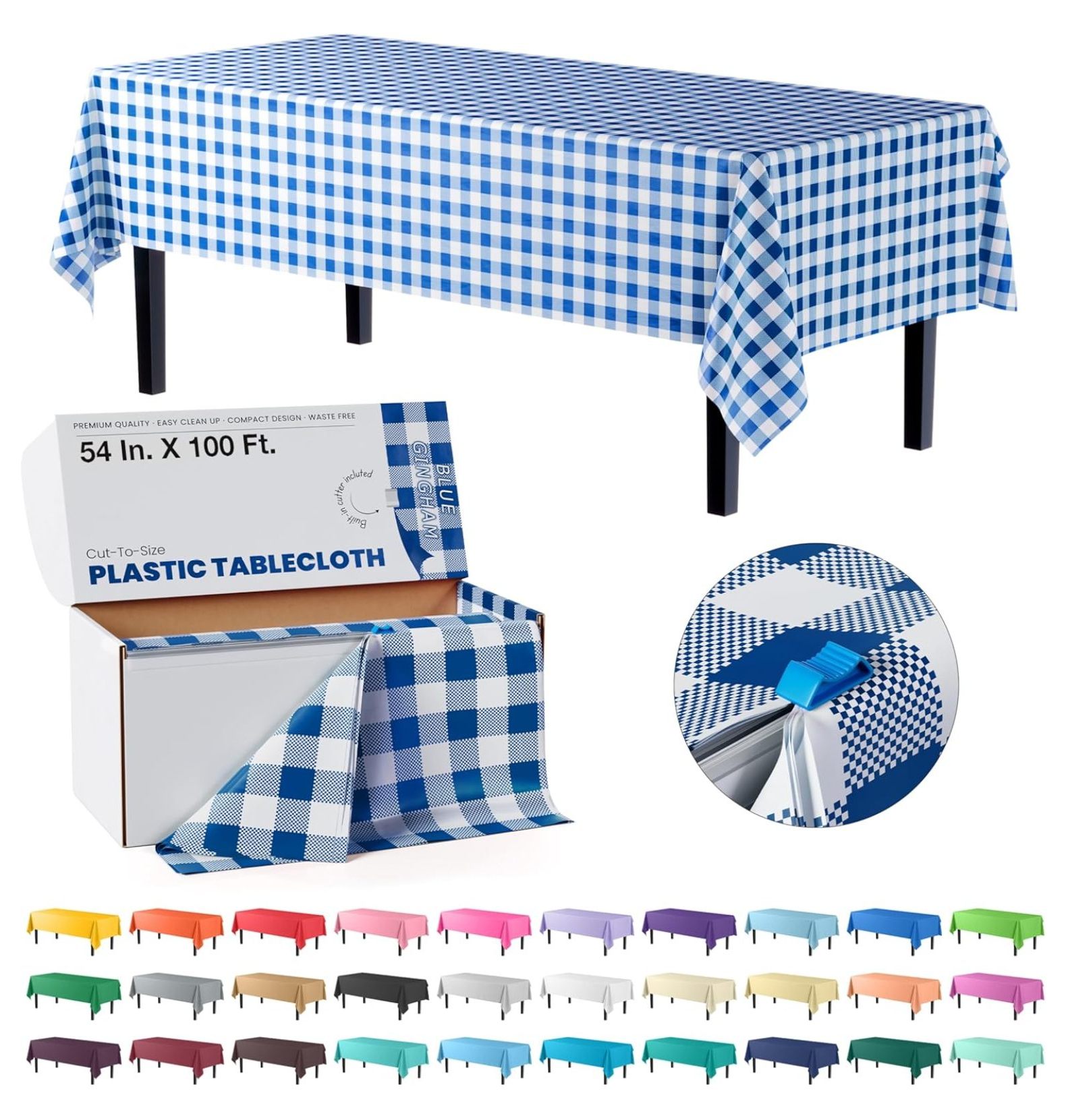54 Inch X 100 Feet Blue Gingham Plastic Table Cover Roll in A Cut - to ...