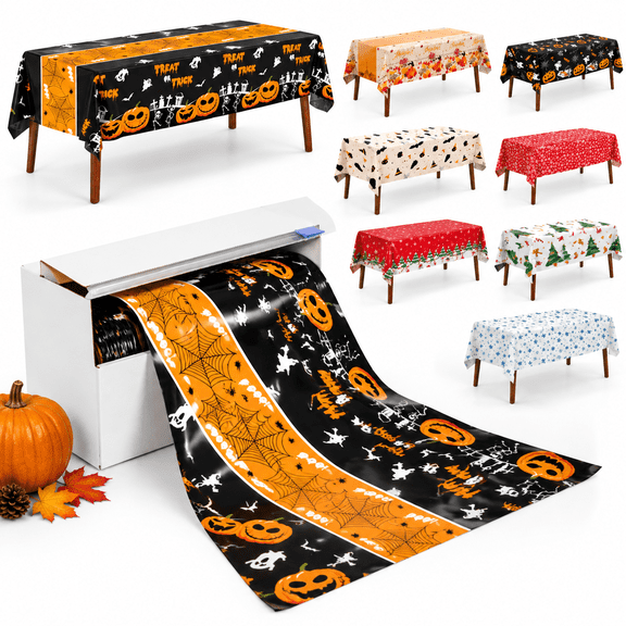 54 Inch X 100 Feet Plastic Table Cover Roll Disposable Tablecloth With Slide Pumpkin Ghost Covers For Party Decorations(runner 10