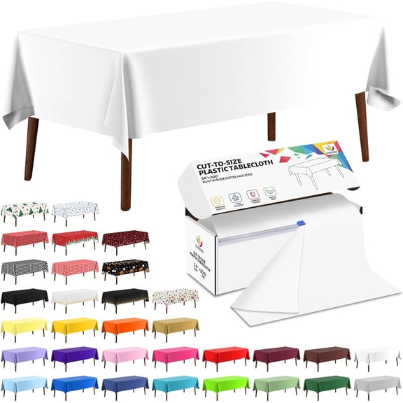 54 Inch X 300 Feet Plastic Table Cover Roll Disposable Tablecloth with Slide Cutter for All Type/Shape Tables | Party, Banquet, Birthdays, Weddings(White, 300 Feet)