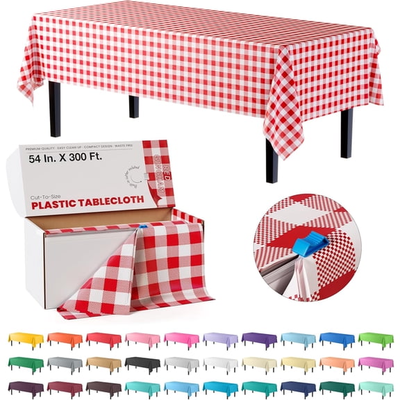 54 Inch by 300 Feet Red Gingham Plastic Table Cover Roll with Slide Cutter