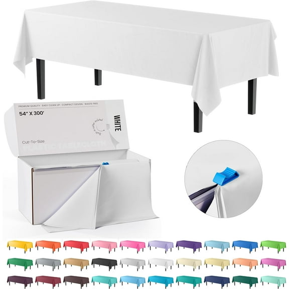54 Inch by 300 Feet White Plastic Table Cover Roll with Slide Cutter