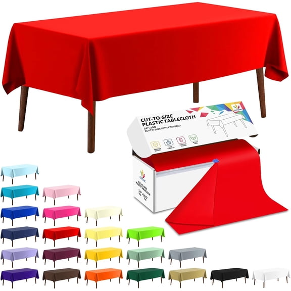 54 Inch x 300 Feet Disposable Plastic Table Cover Roll with Slide Cutter Red