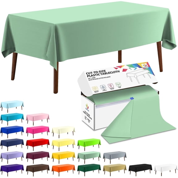 54 Inch x 300 Feet Disposable Plastic Table Cover Roll with Slide Cutter Sage Green