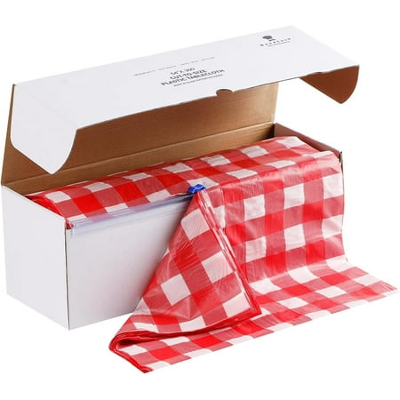 54 Inch x 300 Feet Red Checkered Plastic Tablecloth Roll with Slide Cutter, Rectangular