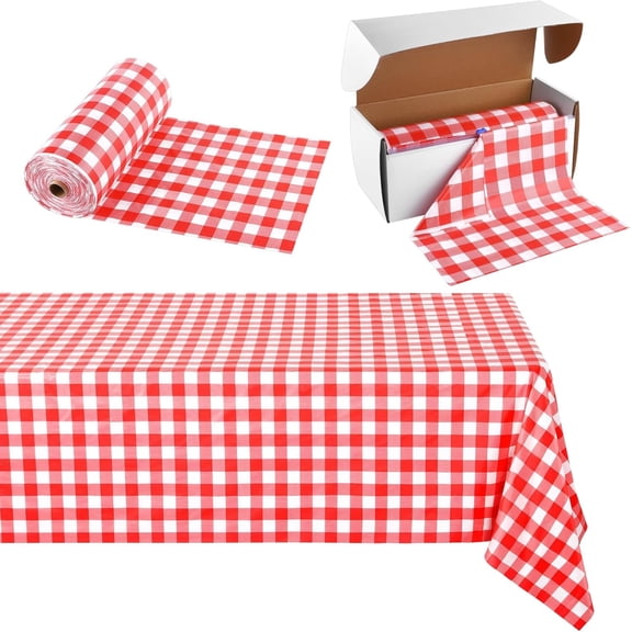 54 Inch x 300 Ft Red Checkered Disposable Waterproof Table Cloth Roll with Slide Cutter