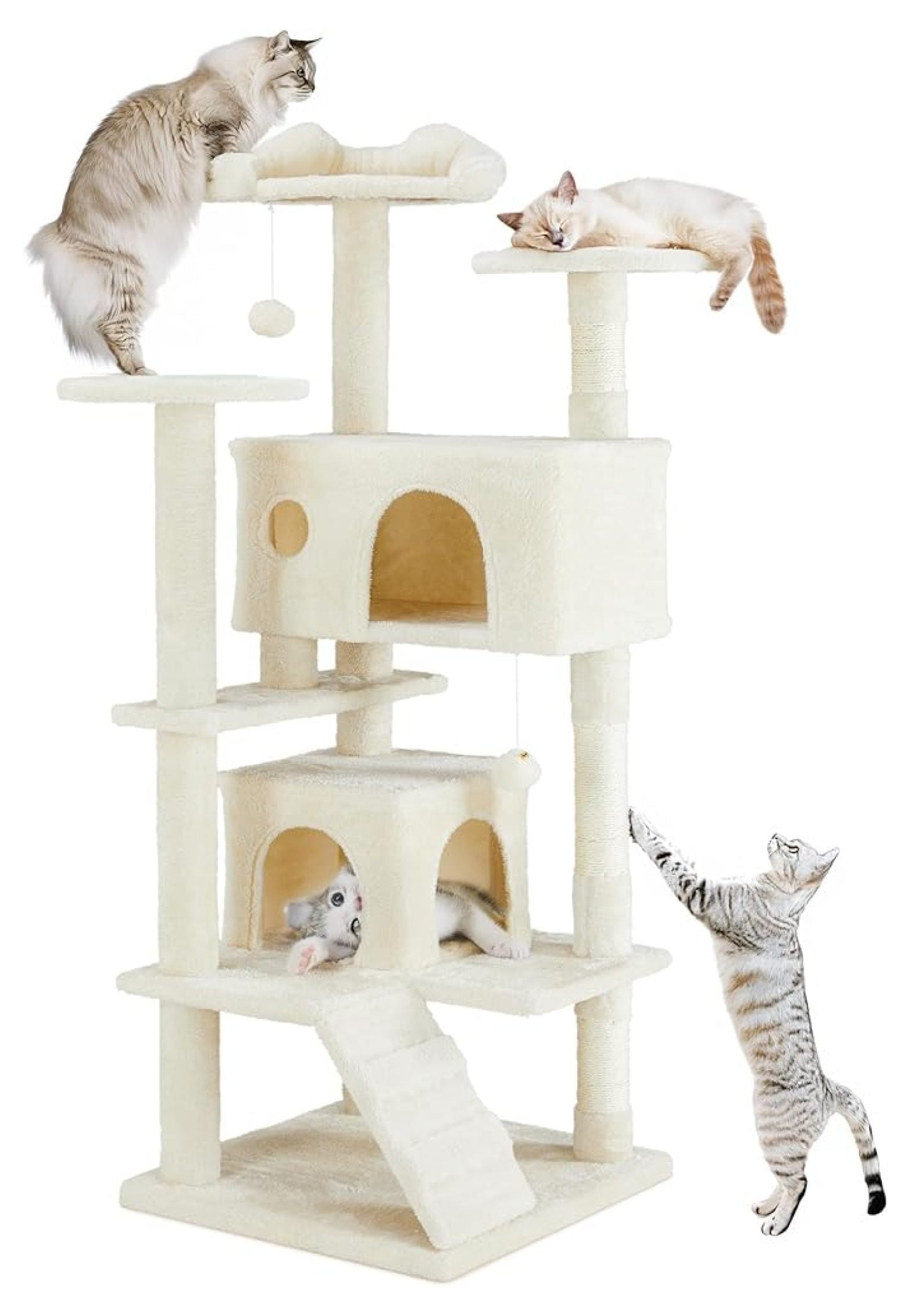 54 Inches Cat Tower Condo Furniture, Tower for Indoor Cats, Cozy Hammock Sisal Scratching Posts, Multi-Level Durable Cat Scratch Post for Kittens Pet House Play, Detachable, Beige