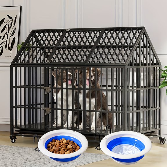 54'' Indestructible Heavy Duty Dog Crate, Extra Large Pet Cage Escape Proof Strong Impact for High Anxiety Dogs, Sound Proof Chewproof Kennel with 4 Wheels and 2 Trays