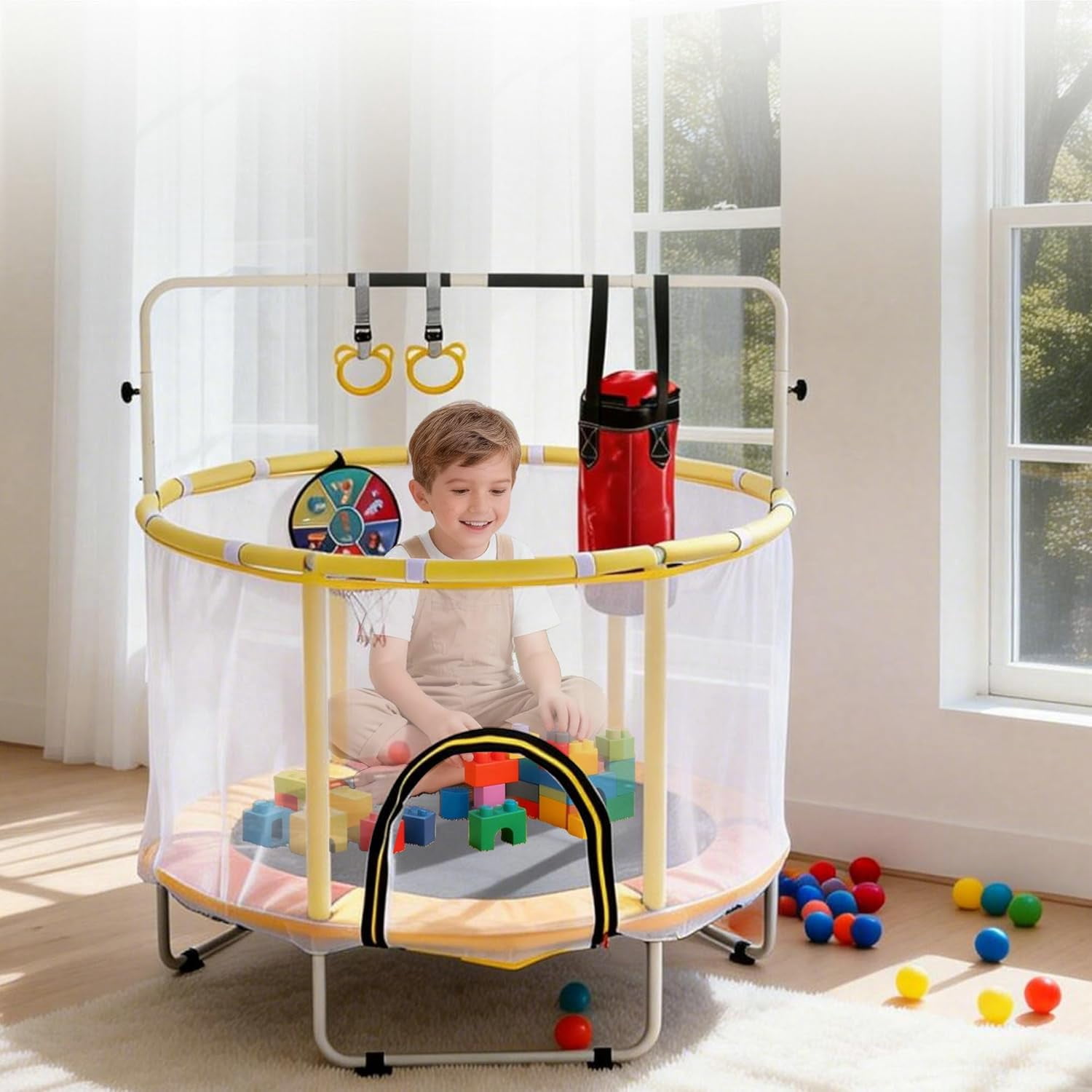 54" Kids Trampoline with Enclosure Net & Gymnastics Bar - 5-in-1 Toddler Rebounder with Basketball Hoop, Rings, Boxing Bag & Ocean Balls - Indoor Outdoor Mini Trampoline for Kids Ages 1-8
