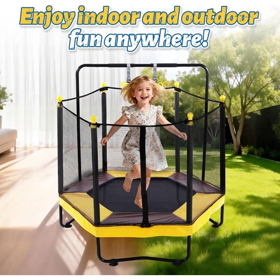UZUGUL Kids Mini Trampoline, 54 Inch, 110 LBS Weight Capacity, with Enclosure Net, Gymnastics Bar, Basketball Hoop