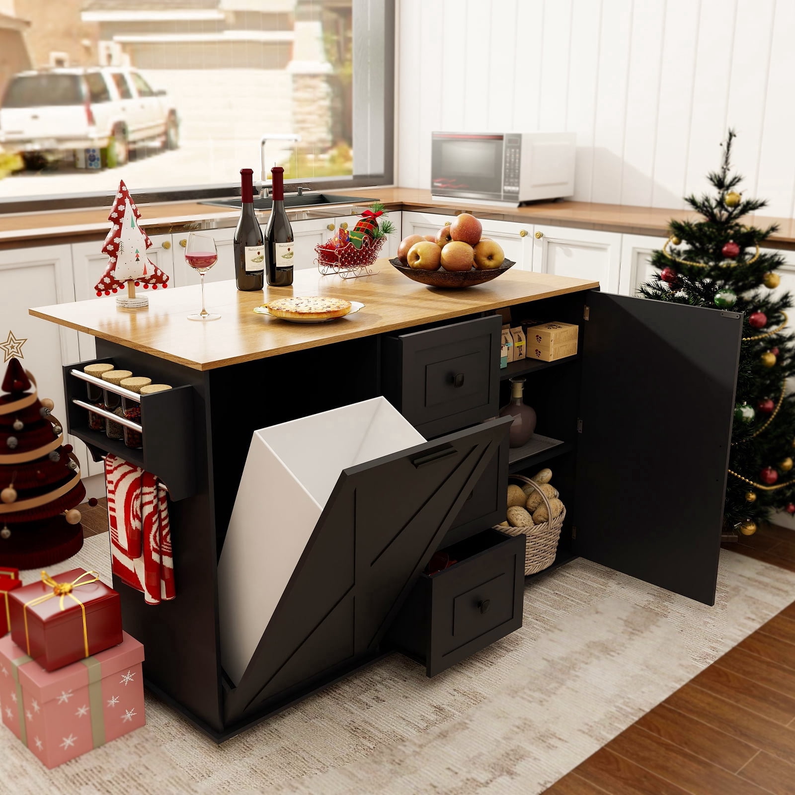 54" Kitchen Island Cart with 3 Drawers & X-Shaped Cabinets - Deciduous Wood Top, Lockable Casters, Spice Rack & Towel Rack, Dual-Tone with Adjustable 3-Tier Storage