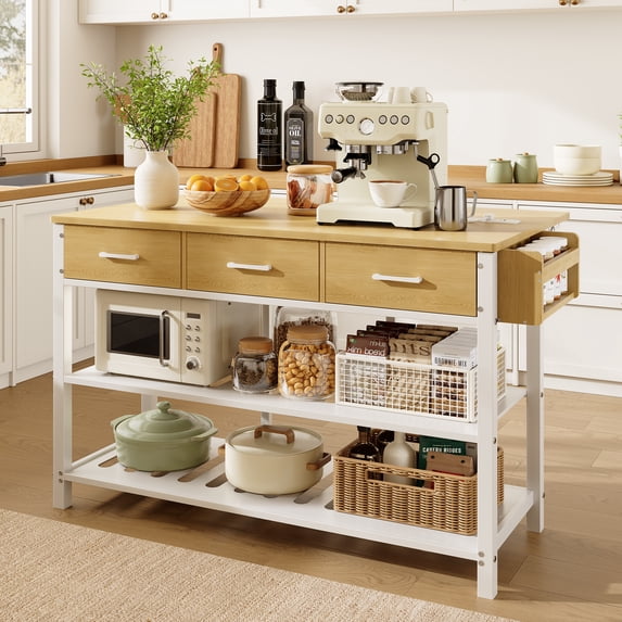 Awesofurni 54" Kitchen Island with Charging Station & Drop Leaf Tabletop, Modern White Island Table with 3 Drawers, Fixed Side Spice Rack & Towel Bar for Small Space & Coffee Bar