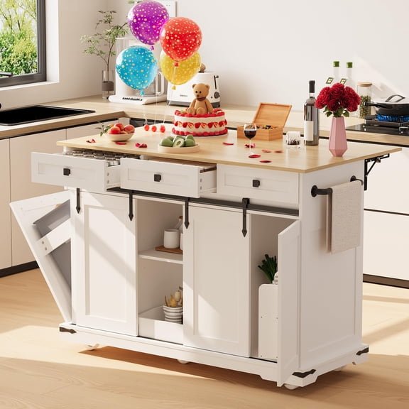 54" Kitchen Island with Drop Leaf & Power Outlet – Large Rolling Cart with Trash Cabinet, 2 Sliding Barn Doors & 3 Drawers – Mobile Storage for Kitchen & Dining Room