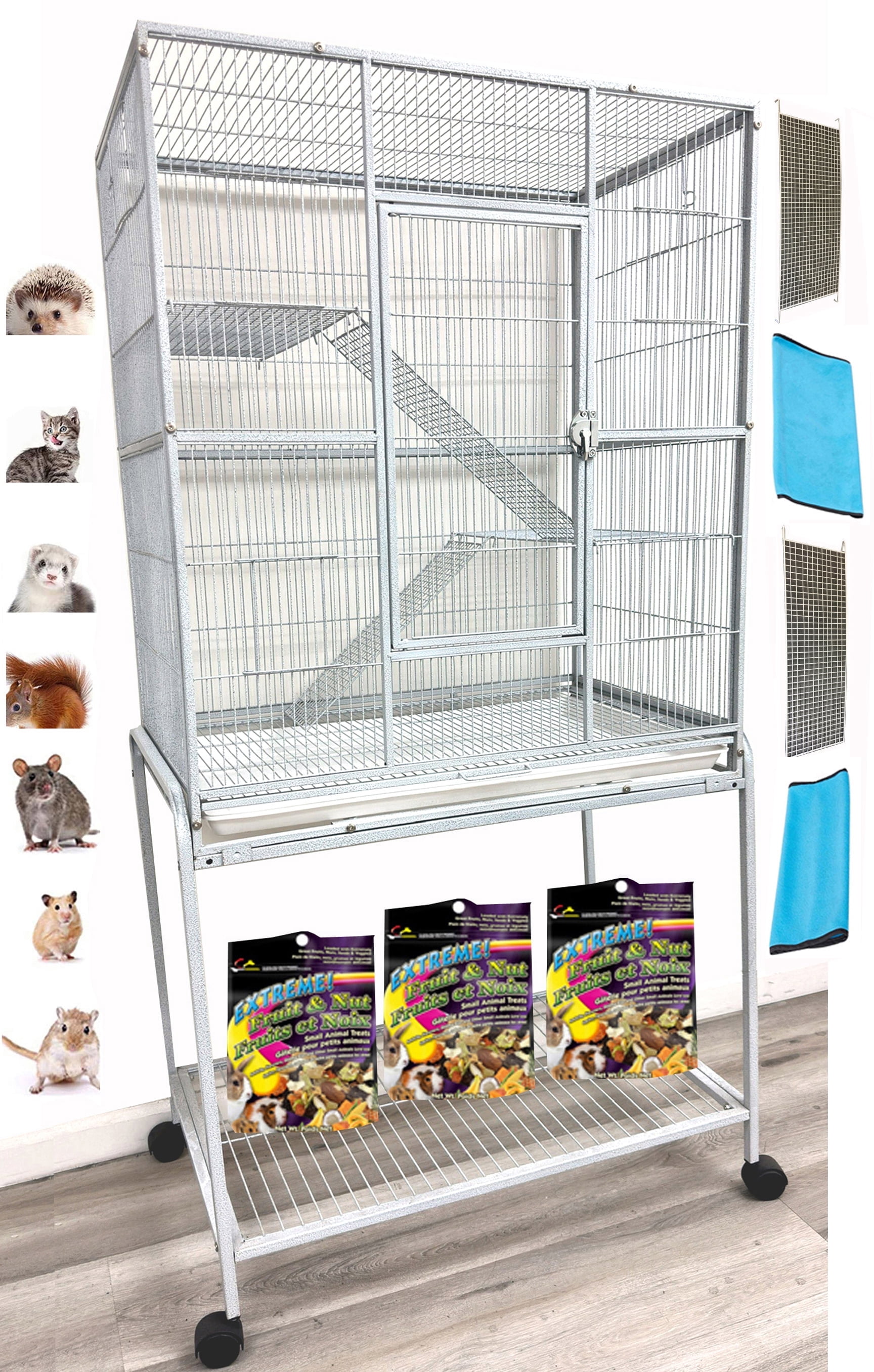 54" LARGE Wrought Iron 3-Levels Metal Chew-Proof Ferret Chinchilla Sugar Glider Rats Mice Rabbit Squirrel Hamster Mouse Cage Easy Clean Pull Grate Tray with Removable Rolling Stand