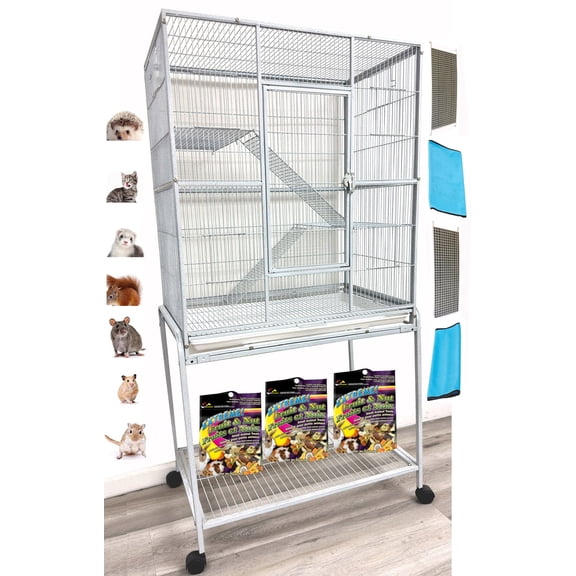 54" LARGE Wrought Iron 3-Levels Metal Chew-Proof Ferret Chinchilla Sugar Glider Rats Mice Rabbit Squirrel Hamster Mouse Cage Easy Clean Pull Grate Tray with Removable Rolling Stand
