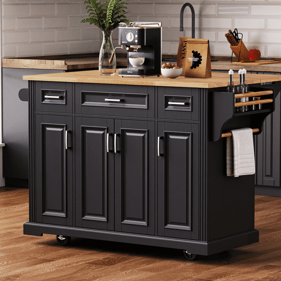 54'' Large Kitchen Island with Rubber Wood Drop Leaf, Embossed Texture Rolling Kitchen Cart on 4 Wheels with 4 Doors and 3 Drawers, Kitchen Island with Storage for Kitchen, Dining Room, Black