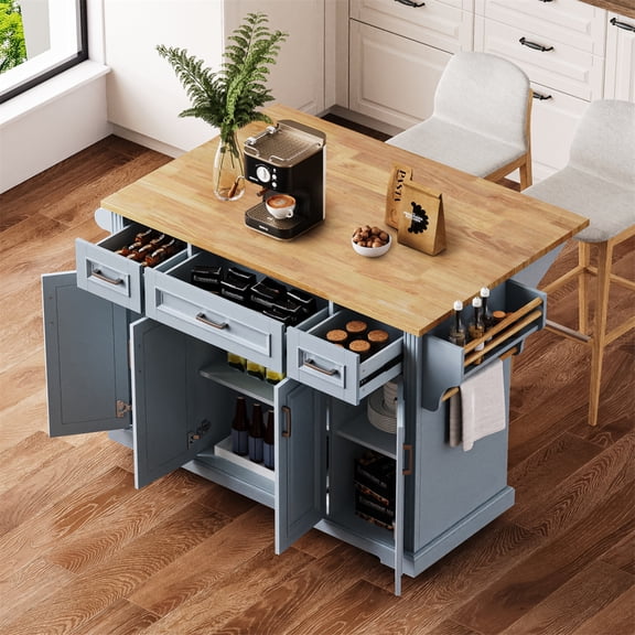 54" Large Kitchen Island with Rubber Wood Drop Leaf and Embossed Texture,Rolling Kitchen Cart with 4 Wheels,4 Doors and 3 Drawers,Moveable Kitchen Island Table for Kitchen,Dining Room,Grey+Blue
