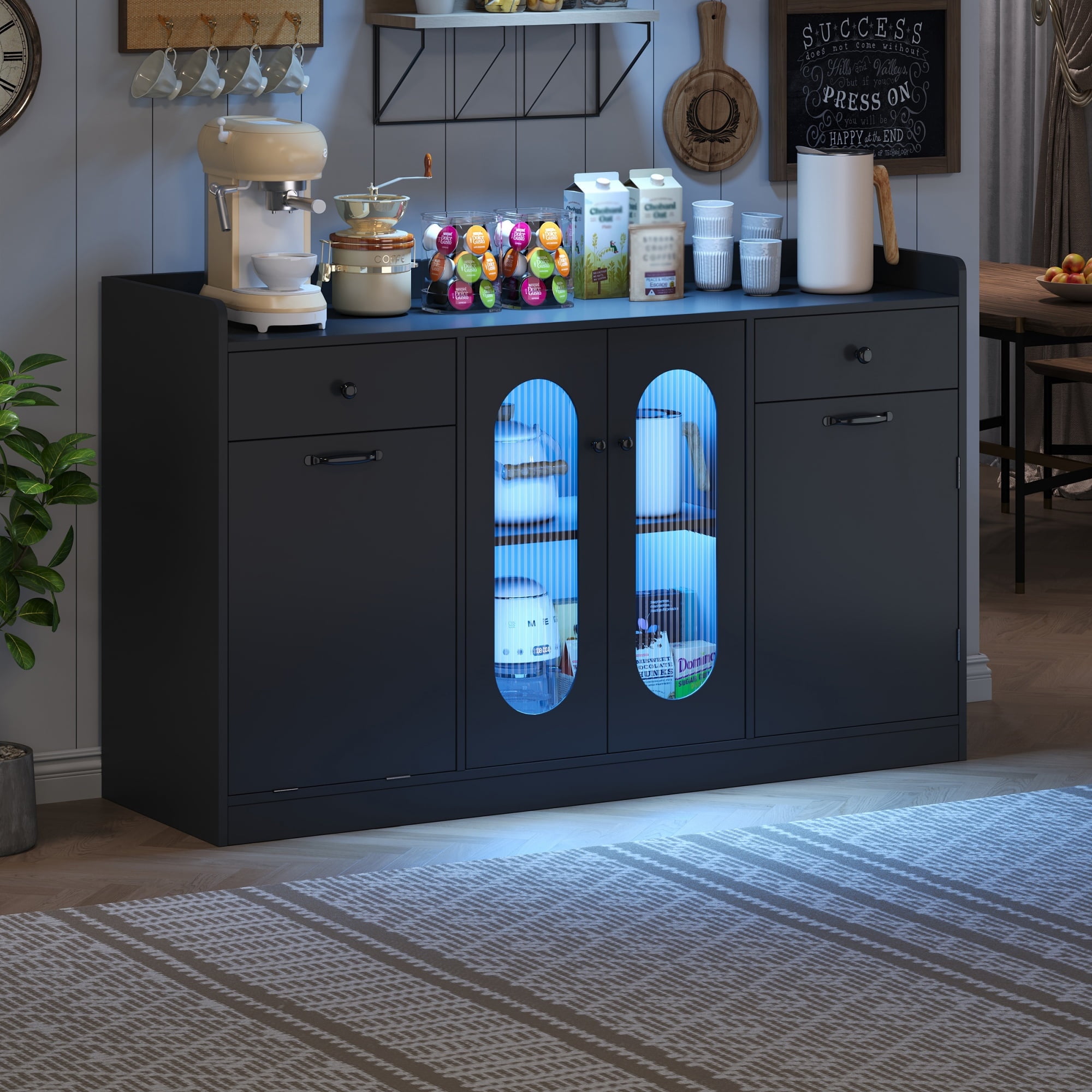 54'' Large Kitchen Island With Tilt Out Trash Can Cabinet And Adjustable Shelves, Kitchen Furniture With Led Light And 2 Drawers