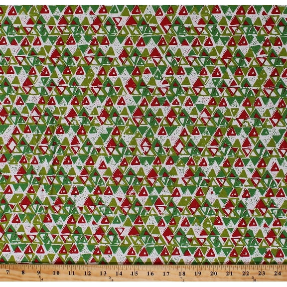 54" Lightweight Canvas Christmas Red Lime Green Geometric Triangles Specks on White Holiday Decorator Weight Fabric by the Yard (D791.05)
