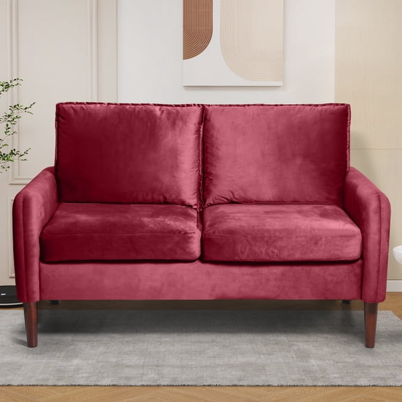 54" Loveseat Sofa, Velvet Small Love Seat Couches for Living Room, Loveseat for Small Spaces, Small Couch for Bedroom Apartment Office, Mid-Century Modern Sofa with Throw Pillow, Burgundy