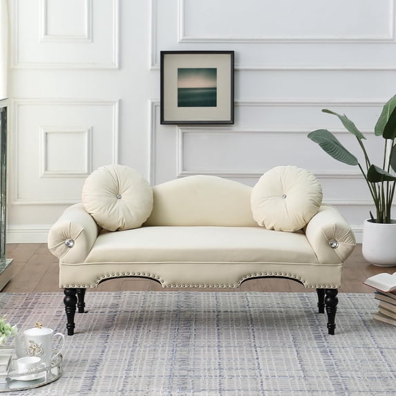 54" Mid-Century Velvet Upholstered Loveseat Sofa Couch 2 Pillows Accent Bedside Entryway Bench Sofa Chaise Lounge Sofa Love seat for Bedroom, Living Room Office, Beige