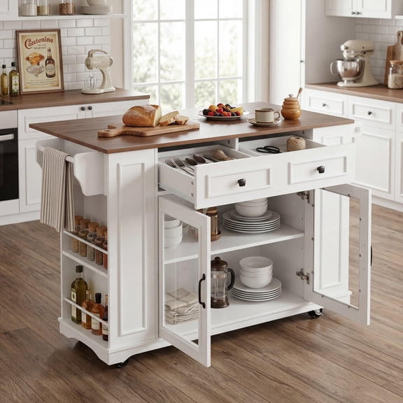 54" Mobile Kitchen Island with Glass Door Storage, Power Outlet & Open Shelves, Rolling Kitchen Cart with Towel Rack, Spice Rack & Knife Holder, for Kitchen, Dining, White+Walnut