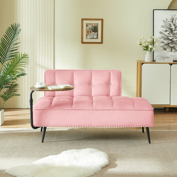 54" Modern 2 Seater Velvet Sofa with Backrest & 360 Rotating Side Table, Entryway Ottoman, Multi-Use Bench, Office Desk and Chair Set, Space-Saving Design for Living Room, Bedroom, Apartment, Pink
