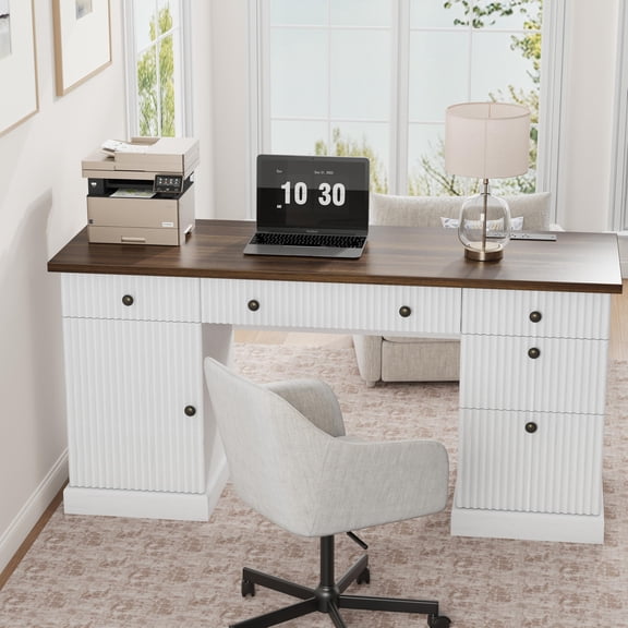 54" Modern Executive Desk with Charging Station, Wooden Computer Writing Desk with File Cabinet & Drawers for Study Room