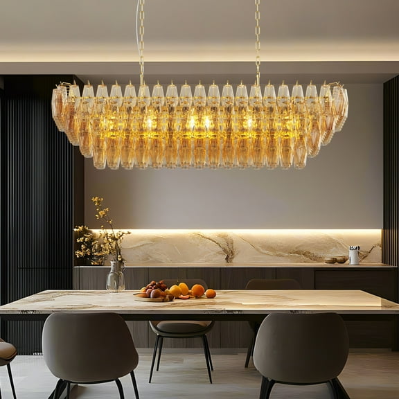 54" Modern Gold Chandelier for Dining Room, 12-Light Farmhouse Pendant Lighting with Smoke Glass, Large Rectangular Kitchen Chandelier Over Table for Living Room